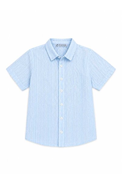 CALEMORE Boy's Short Sleeve Blue Shirt Seersucker Fabric Cotton Flexible Comf...
