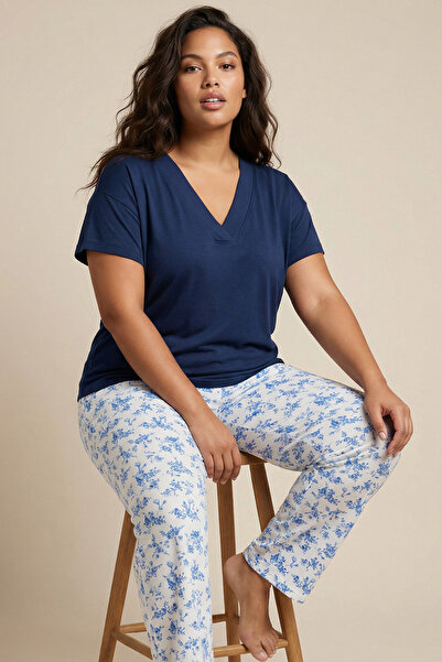 Siyah İnci Navy Blue Patterned Large Size Oversized Viscose Knitted Pajama Set