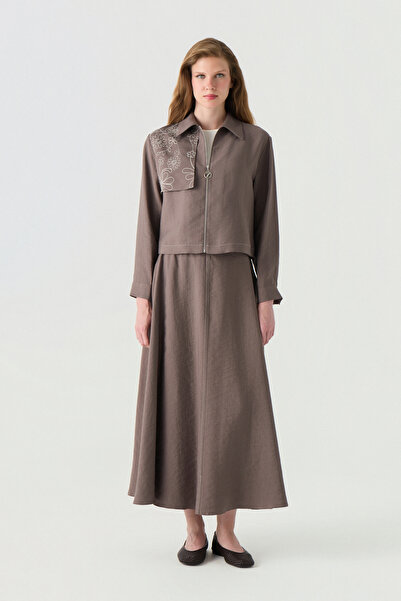 Zühre Embroidery Detailed Zippered Shirt Collar Brown Suit 1741