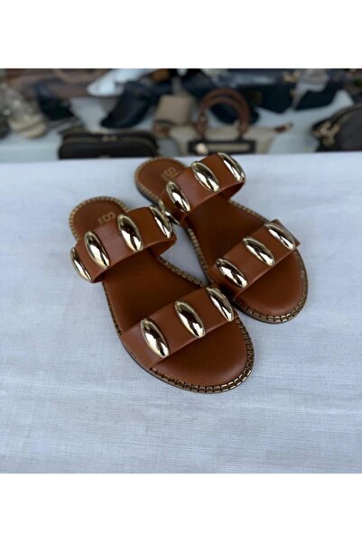 mersin md tekstil Women's Double-Soled Orthopedic Slippers with Gold Accessories