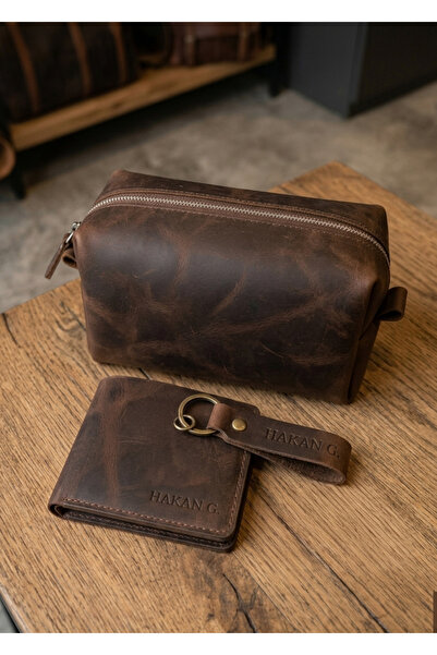 GALANDE Hakiki Deri Hediye Seti Dopp Kit Cüzdan ve Anahtarlık Seti (Babalar g...