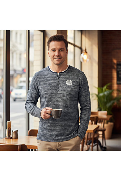 LIVERGY Men's Mottled Blue Henley Long Sleeve Shirt