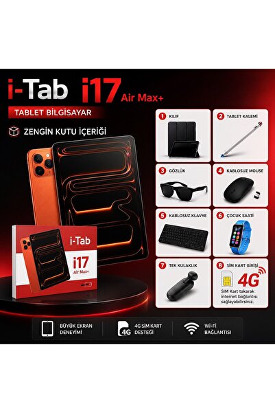 İ-TAB i17 Air Max+ Tablet Bilgisayar + Kılıf + Kalem + Kablosuz Klavye + Kabl...