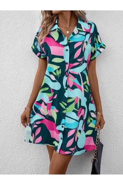 Iuliashop Rochie scurtă Maria Green cu imprimeu roz și turcoaz - S