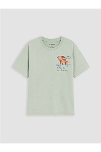 LC Waikiki New Season Green Crew Neck Printed Boys' T-Shirt