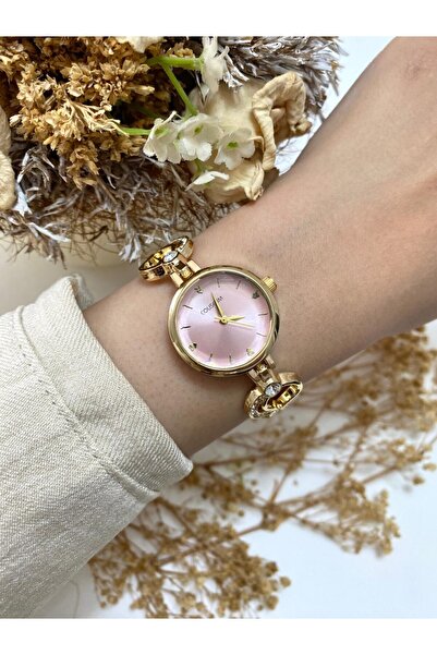 Mazzy Round Design Stone Cord Gold Pink Dial Women's Wristwatch