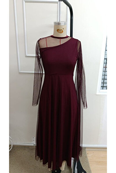 vuvutasarım New Season Women's Long Sleeve Semi Turtleneck Tulle Detailed Long Sandy Dress 32807