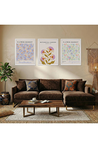 KOLAJTASARIM Pastel Botanical Dream White Framed 3-Piece Wooden Painting Set