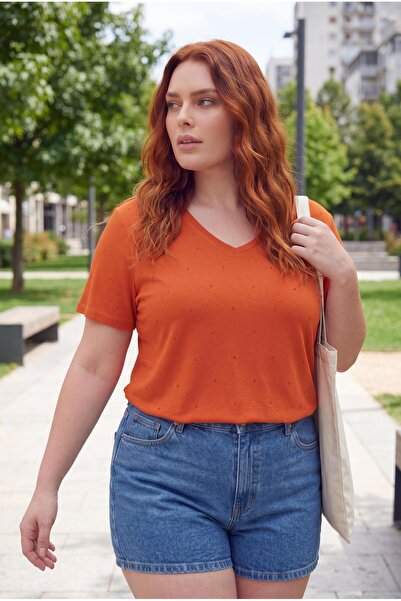 Ebsumu Women's Plus Size Front and Back Stone Printed Orange Blouse