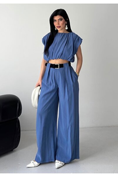 pembekurdelem Women's Summer Belted Trousers and Crop Blouse Set Blue