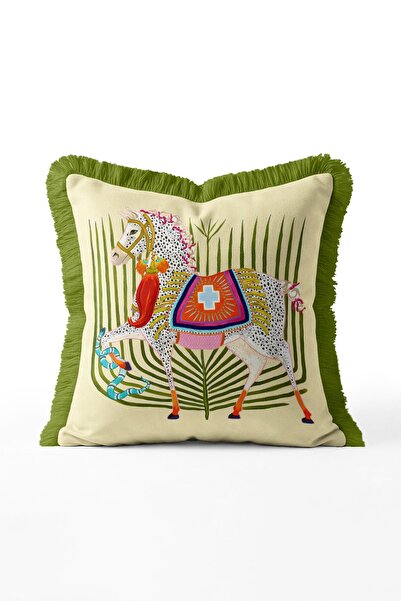 IdeCraft Fringed Throw Pillow Cover with Horse and Snake Figures - Light Gree...