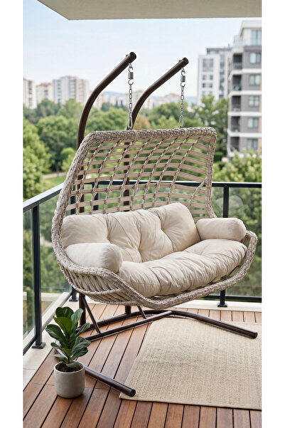 DEMHARİS Çift Kişilik Rattan Bahçe Salıncağı Minderli Balkon Teras Dış Mekan ...