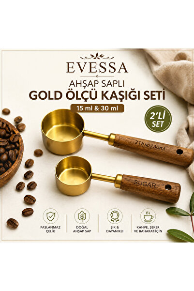 evessa Ahşap Saplı Gold Ölçü Kaşığı Seti 15 ml 30 ml Kahve Şeker Baharat Ölçü...