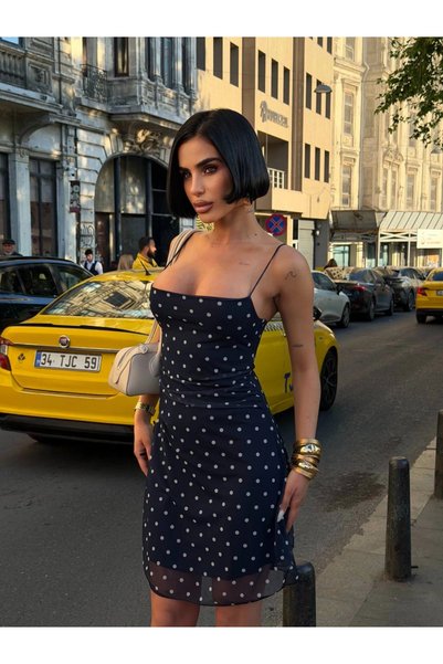 Bak Moda Milena Lacivert Puantiyeli Likralı Askılı Mini Elbise
