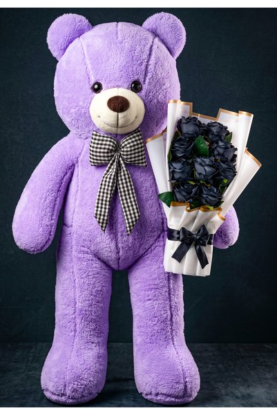 lenostra 90cm Purple Large Plush Teddy Bear with Black Artificial Rose Bouquet, Special Birthday Apology and Celebration Gift for Different Style Lovers