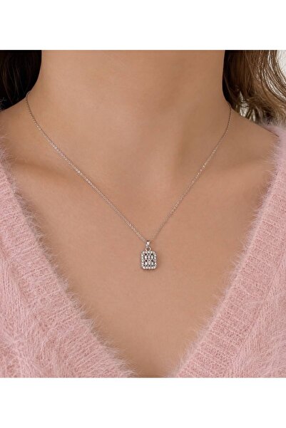 Zirkon Taşlı Dikdörtgen Madalyon Kolye – Silver