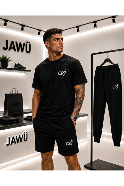 JAWÜ STYLE Cr7 Printed 3-Piece Oversize Cotton Set T-Shirt-Shorts-Sweatpants ...