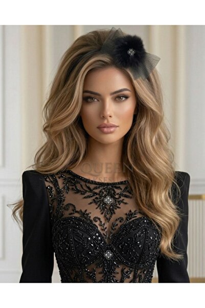 QUEEN AKSESUAR Black Layered Tulle Bow Plush Feathered Stone Crown Women's Ch...