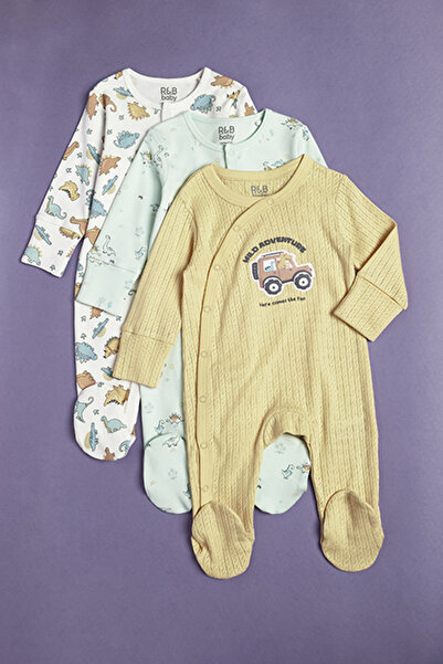 R&B 3 Pack Printed Footed Sleepsuits with Long Sleeves