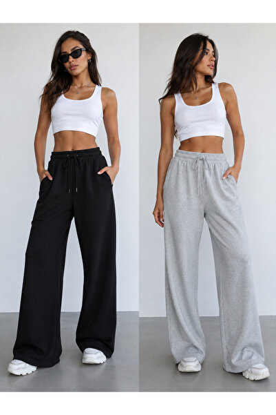 BERYY MODA Double Black and Gray Wide-Leg Sweatpants Set - Effortless Style f...