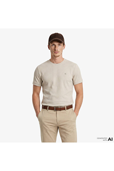 Calvin Klein Slim Micro Waffle Crewnk Erkek Bej T-Shirt
