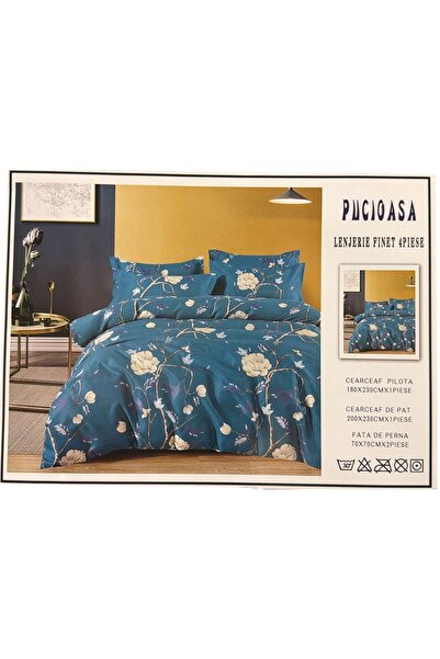 OEM Single bed linen, fine cotton, 4 pieces, petrol blue with floral pattern