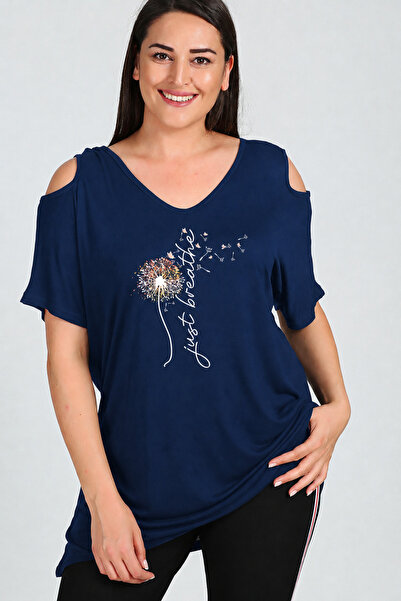 Curvy Trend Large Size Breathe Printed Shoulder V Window Short Sleeve Blouse