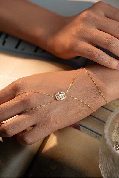 Nereze 925 Ayar Gümüş Gold Kaplama Baget Taşlı Tektaş Şahmeran Bileklik
