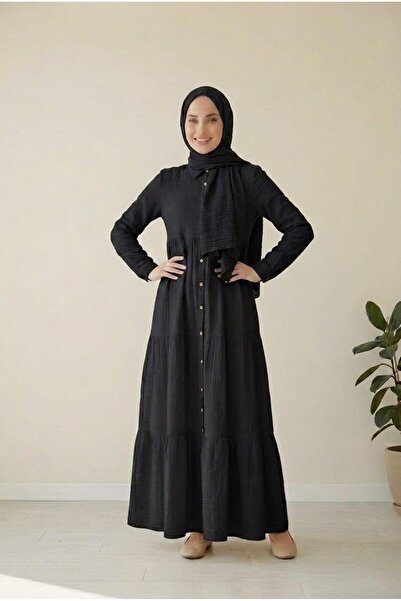 PORİENTO Black Women's 100% Cotton Muslin Fabric Dress Buttoned Shirt Collar ...
