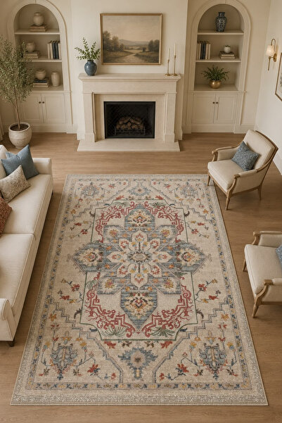DERAS HOME Dijital Baskı Yıkanabilir Kaymaz Taban Salon Halısı Yolluk