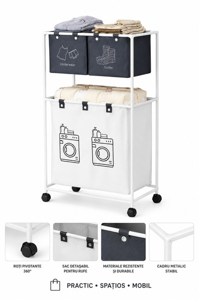 OEM HomeRoy – Coș Rufe 2 Niveluri, 3 Compartimente, 95x55x25 cm, Structură Me...