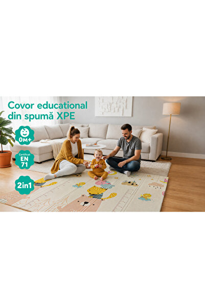LUDIRO Covor educativ pliabil din spumă XPE, 200x180x1 cm, 2 fețe, Animale și...