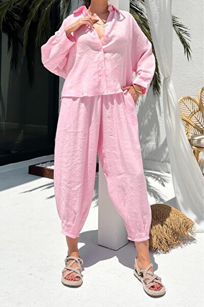 Suziş Women's Pink Oversize Shirt and Shalwar Trousers Set 50957