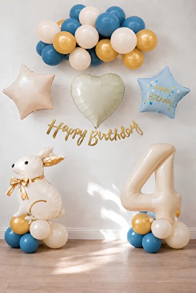 Patladı Gitti Blue Rabbit Themed 4Th Birthday Balloon Set