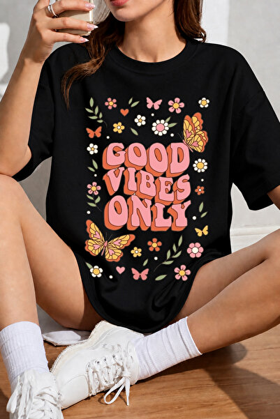 Velostra Women's Good Vibes Butterfly Flower Printed Oversize Crew Neck Cotto...