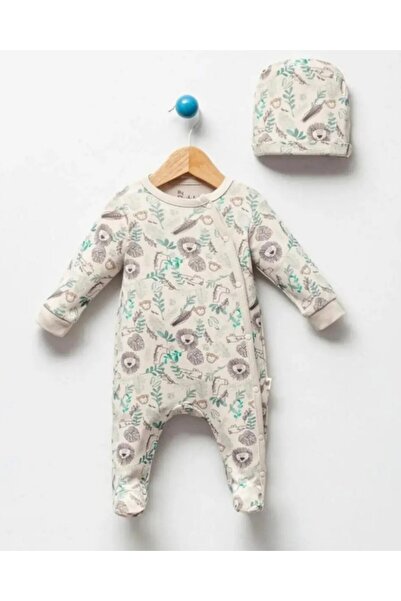 VOY KİDS Baby Boy Full Lion Printed Romper with Booties and Hat 0-3-6-9 Month...