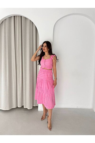 By Kuzey Aras Gathered Detailed Crop Blouse Skirt Set - Stylish and Comfortab...