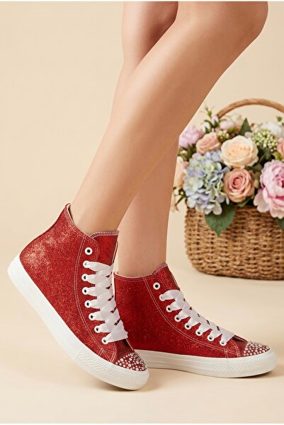 HYS SHOES Kırmızı Yüksek Bilek Sneaker Simli Parlak Spor Ayakkabı