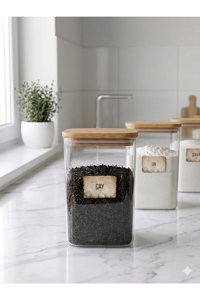 Dia Set of 3 Acrylic Jars with Wooden Lids, Large Size Food Storage Container with Labels, 2900 ml