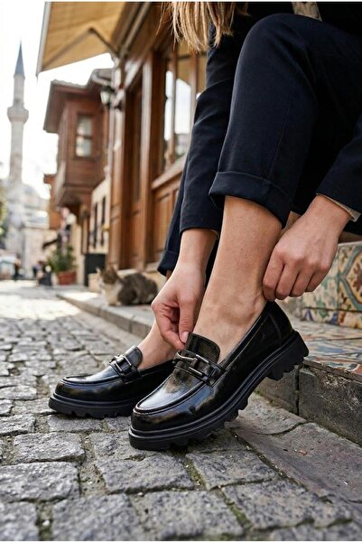 fort Ventes 35839 Black Open Buckle Detailed Comfortable Loafer Women's Shoes