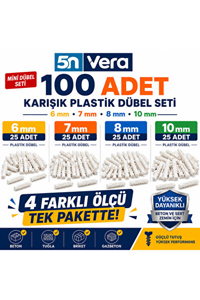 5NVERA 5N VERA Karışık Plastik Dübel Seti 100 Adet | 6 mm, 7 mm, 8 mm, 10 mm ...