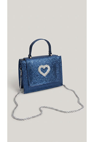 Sun Pieces Dark Blue Shiny Handbag, Women's Bag with Stone Hearts