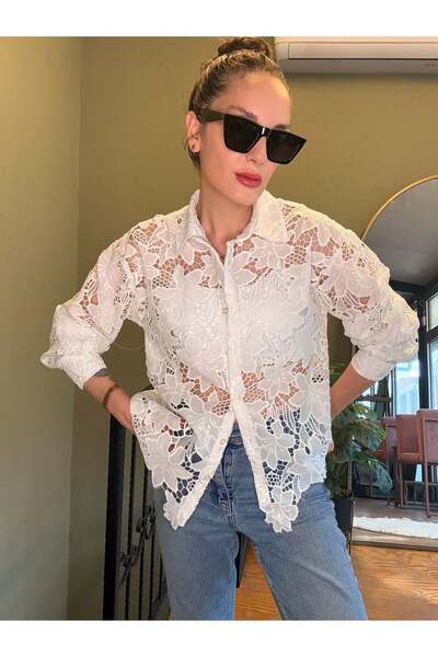 Ali Butik Beyaz Güpürlü Transparan Gömlek