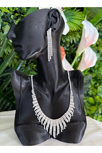 B & S Zirkon Taşlı Sallantılı Kolye Küpe Set