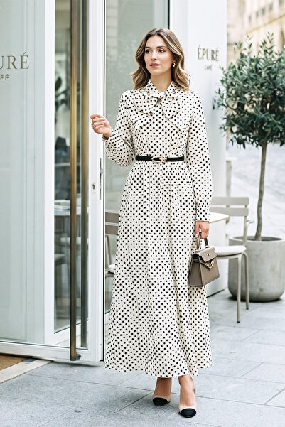 MODAQU Polka Dot Viscose Dress with Scarf Collar and Belt - White