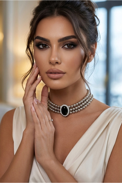Happyline Oval Siyah Taşlı Gri Boncuklu Choker Kolye, Gri Boncuk Kolye , Tasm...