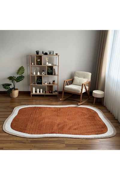 TÜRKERİ Çift Taraflı Kiremit Krem Amorf Modern Salon Halısı Yıkanabilir Dekoratif Halı