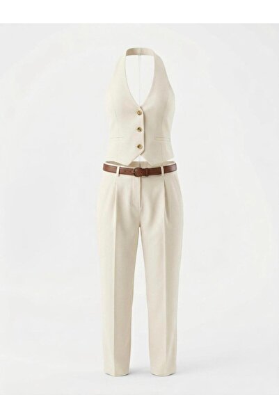 OlaFre Neck-Tieded Vest and Belted Pants Set