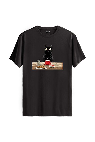 Colermi Breakfasting Black Cat Design T-Shirt