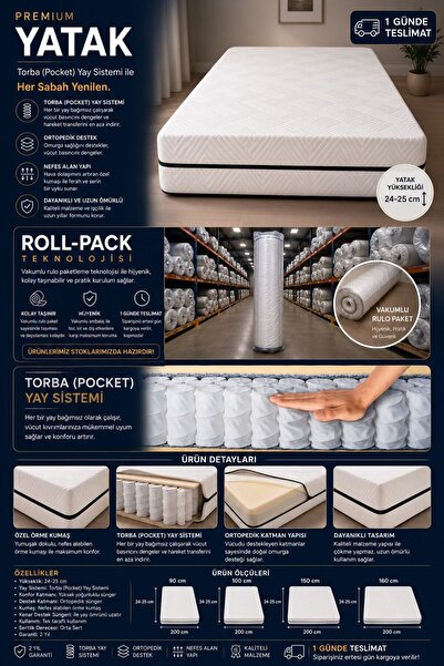 EVMERKEZ Premium Torba Yaylı (Pocket Spring) Full Ortopedik Yatak - 24-25 cm ...